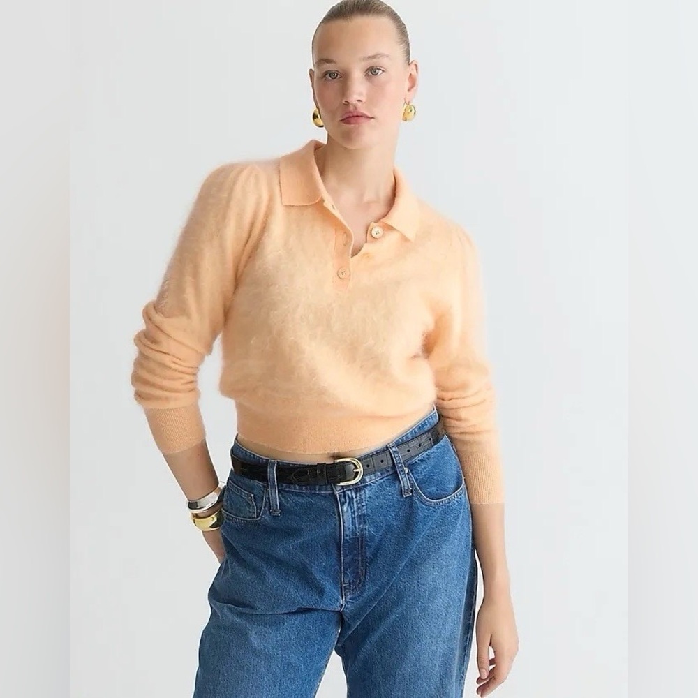 J. Crew luxe brushed cashmere sweater polo in Heather Pale Corn